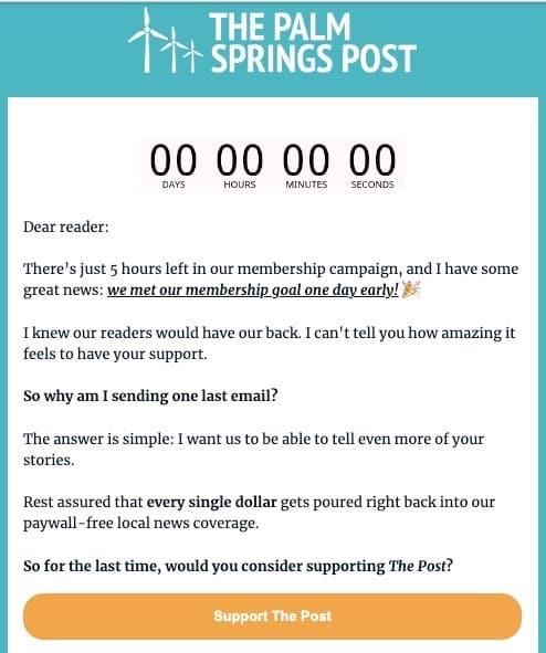 Screenshot of The Palm Springs Post's countdown timer. Line below reads "Just 5 hours left in our membership campaign."