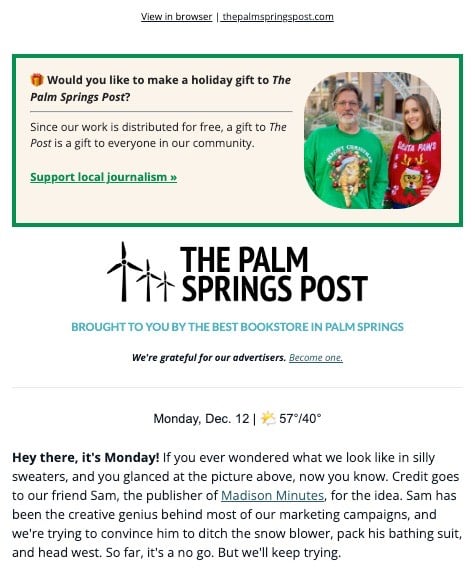 Screenshot of a Palm Springs Post newsletter with a photo of Mark Talkington and Kendall Balchan wearing Christmas sweaters.